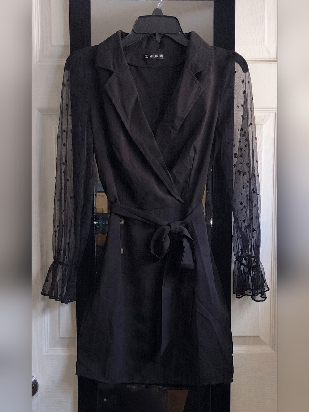 Black Mini Blazer Dress With Waist Tie & Sheer Sleeves